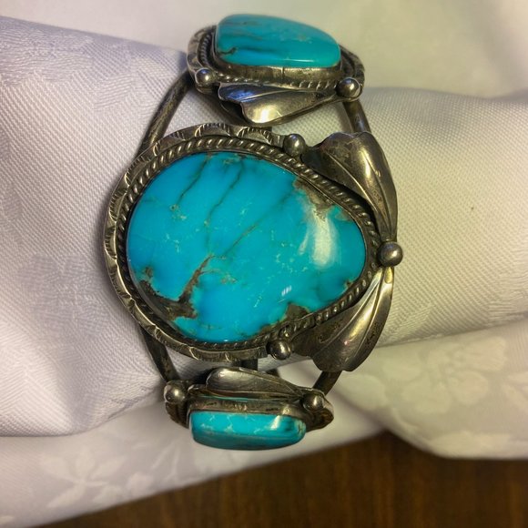 Navajo Signed Vintage 3 Stone Kingman Turquoise & Sterling Silver Bracelet Rare - Picture 12 of 12